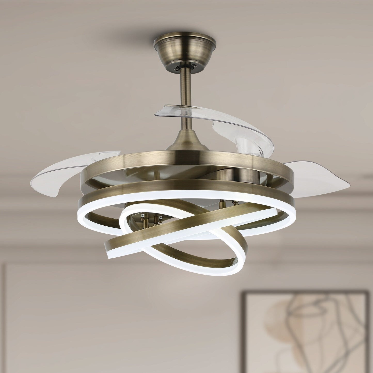 Ventilatore da soffitto retrattile Cusp Barn 42 con luci e telecomando, fai da te, forma Fandelier, moderno, silenzioso, luce da soffitto a LED con motore DC