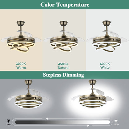 Ventilatore da soffitto retrattile Cusp Barn 42 con luci e telecomando, fai da te, forma Fandelier, moderno, silenzioso, luce da soffitto a LED con motore DC