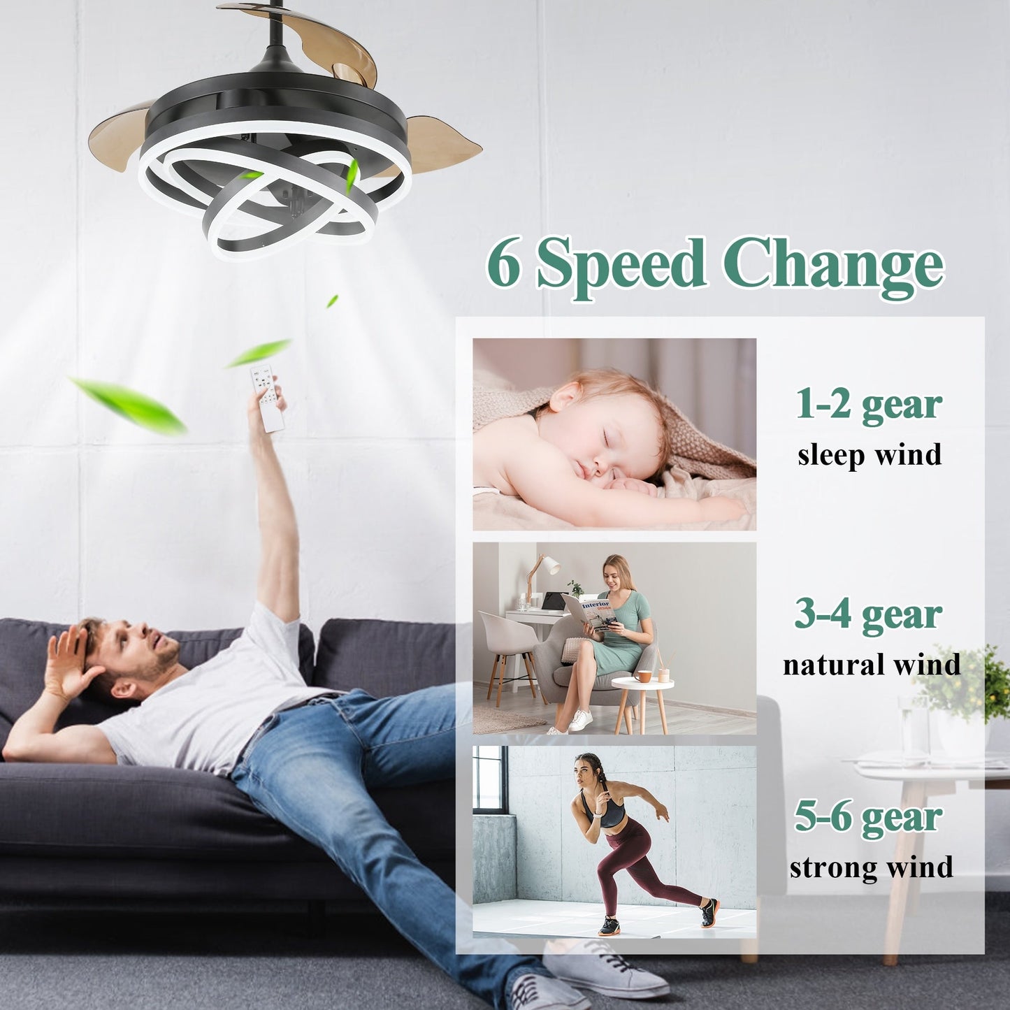 Ventilatore da soffitto retrattile Cusp Barn 42 con luci e telecomando, fai da te, forma Fandelier, moderno, silenzioso, luce da soffitto a LED con motore DC