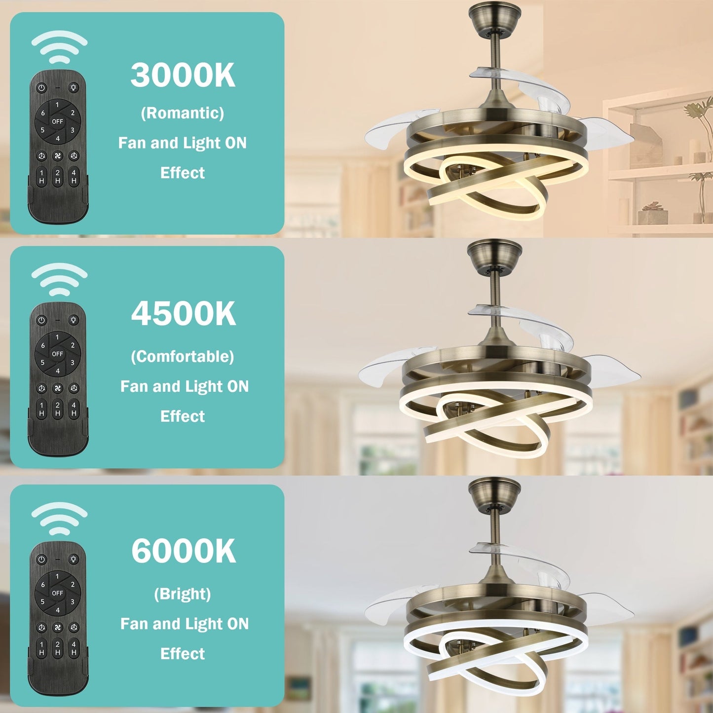 Ventilatore da soffitto retrattile Cusp Barn 42 con luci e telecomando, fai da te, forma Fandelier, moderno, silenzioso, luce da soffitto a LED con motore DC