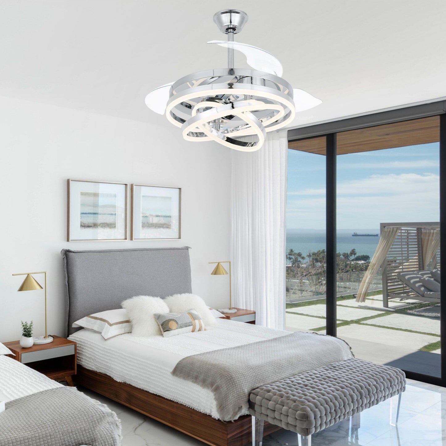 Ventilatore da soffitto retrattile Cusp Barn 42 con luci e telecomando, fai da te, forma Fandelier, moderno, silenzioso, luce da soffitto a LED con motore DC