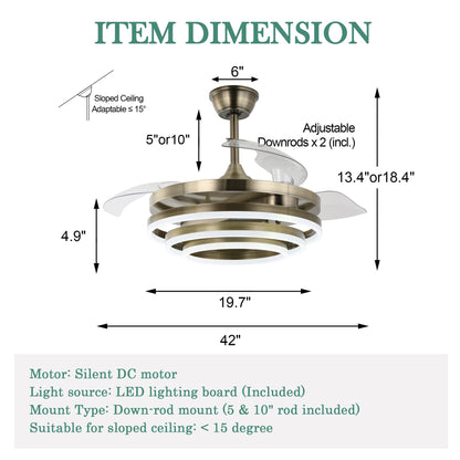 Ventilatore da soffitto retrattile Cusp Barn 42 con luci e telecomando, fai da te, forma Fandelier, moderno, silenzioso, luce da soffitto a LED con motore DC