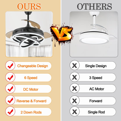 Ventilatore da soffitto retrattile Cusp Barn 42 con luci e telecomando, fai da te, forma Fandelier, moderno, silenzioso, luce da soffitto a LED con motore DC