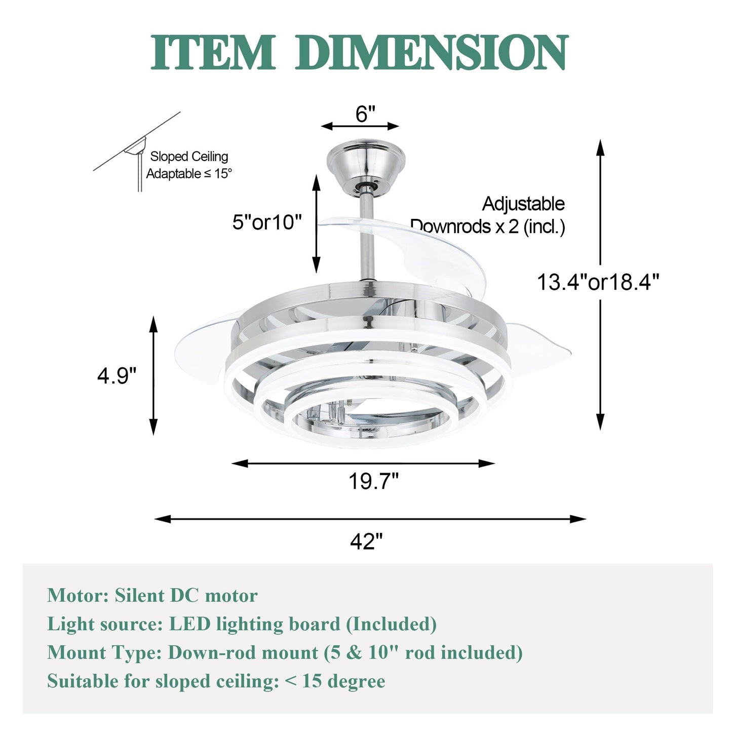 Ventilatore da soffitto retrattile Cusp Barn 42 con luci e telecomando, fai da te, forma Fandelier, moderno, silenzioso, luce da soffitto a LED con motore DC
