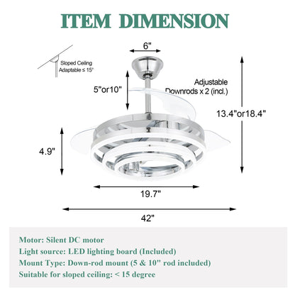 Ventilatore da soffitto retrattile Cusp Barn 42 con luci e telecomando, fai da te, forma Fandelier, moderno, silenzioso, luce da soffitto a LED con motore DC