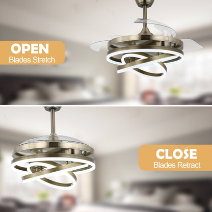 Ventilatore da soffitto retrattile Cusp Barn 42 con luci e telecomando, fai da te, forma Fandelier, moderno, silenzioso, luce da soffitto a LED con motore DC