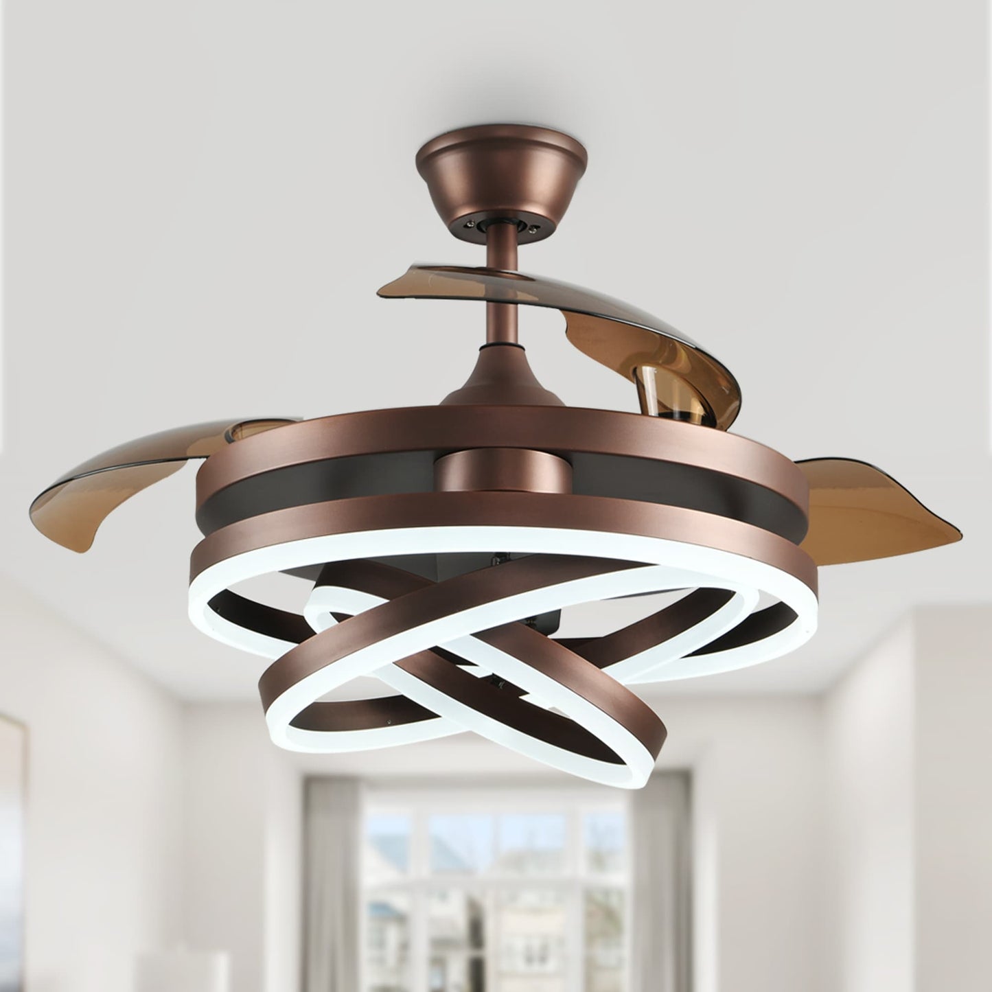 Ventilatore da soffitto retrattile Cusp Barn 42 con luci e telecomando, fai da te, forma Fandelier, moderno, silenzioso, luce da soffitto a LED con motore DC