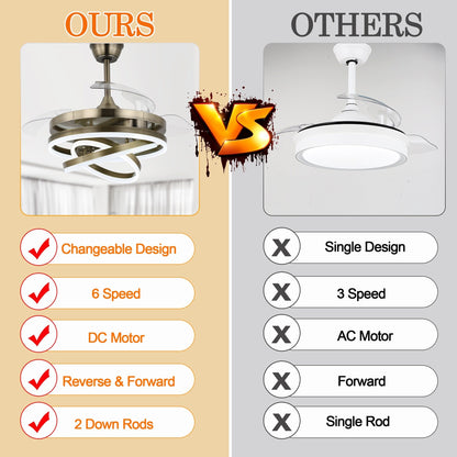 Ventilatore da soffitto retrattile Cusp Barn 42 con luci e telecomando, fai da te, forma Fandelier, moderno, silenzioso, luce da soffitto a LED con motore DC