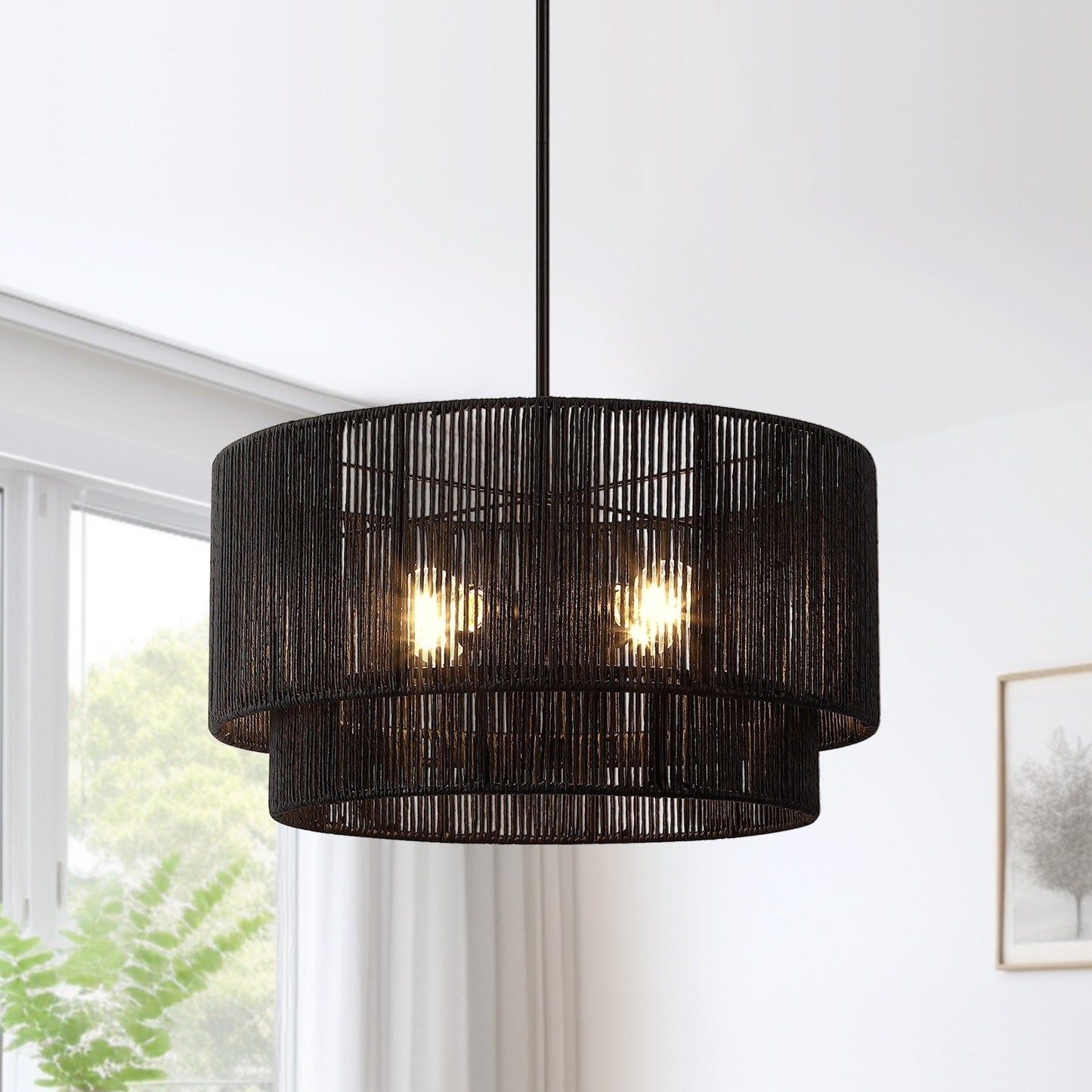 Lampadario Cynthia a tamburo in rattan nero a 4 luci - 22''W