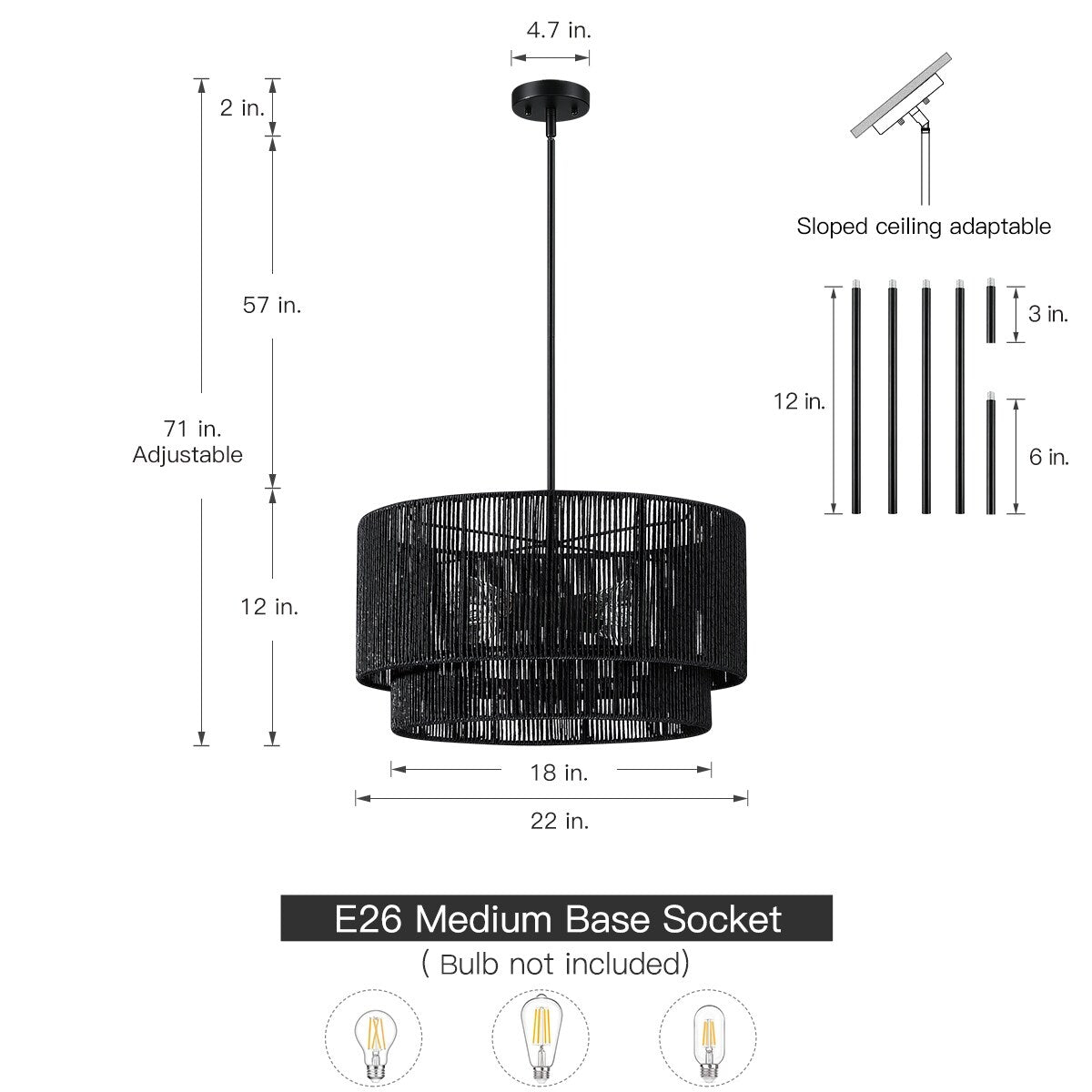 Lampadario Cynthia a tamburo in rattan nero a 4 luci - 22''W