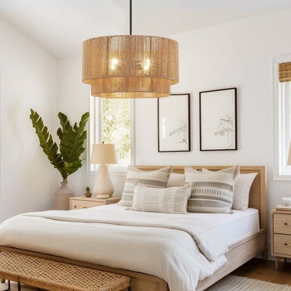 Lampadario Cynthia a tamburo in rattan naturale a 4 luci - 22''W