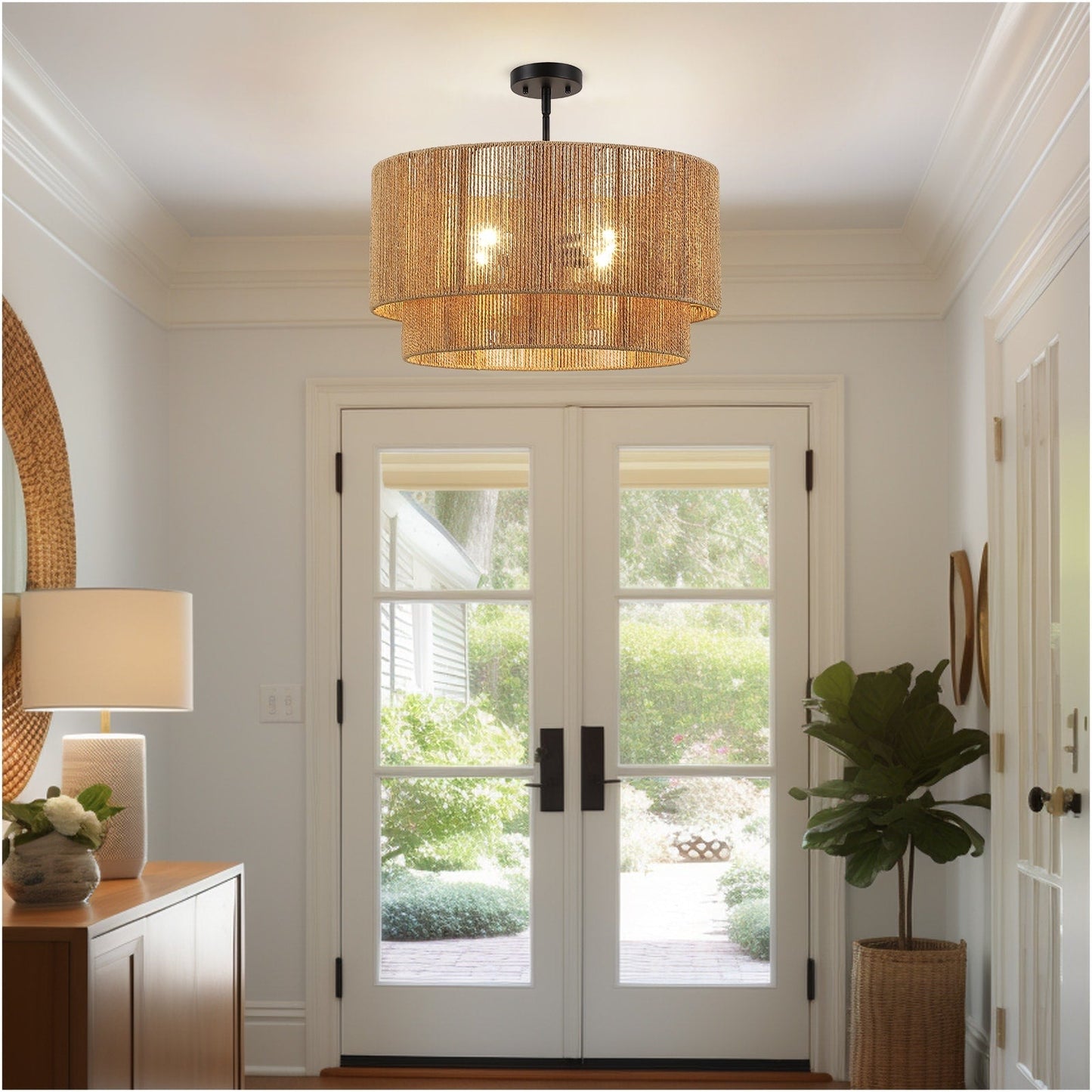 Lampadario Cynthia a tamburo in rattan naturale a 4 luci - 22''W