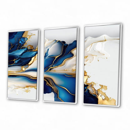 Designart Abstract Geode Gold And Blue Marble Shape III Modern Geometric Framed Canvas Art Print - 3 Pannelli