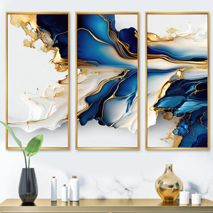 Designart Abstract Geode Gold And Blue Marble Shape III Modern Geometric Framed Canvas Art Print - 3 Pannelli