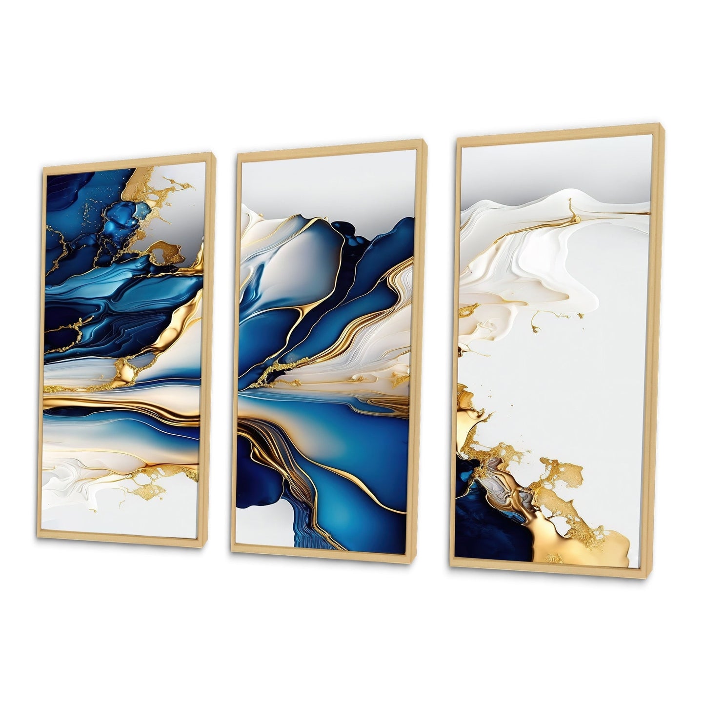 Designart Abstract Geode Gold And Blue Marble Shape III Modern Geometric Framed Canvas Art Print - 3 Pannelli