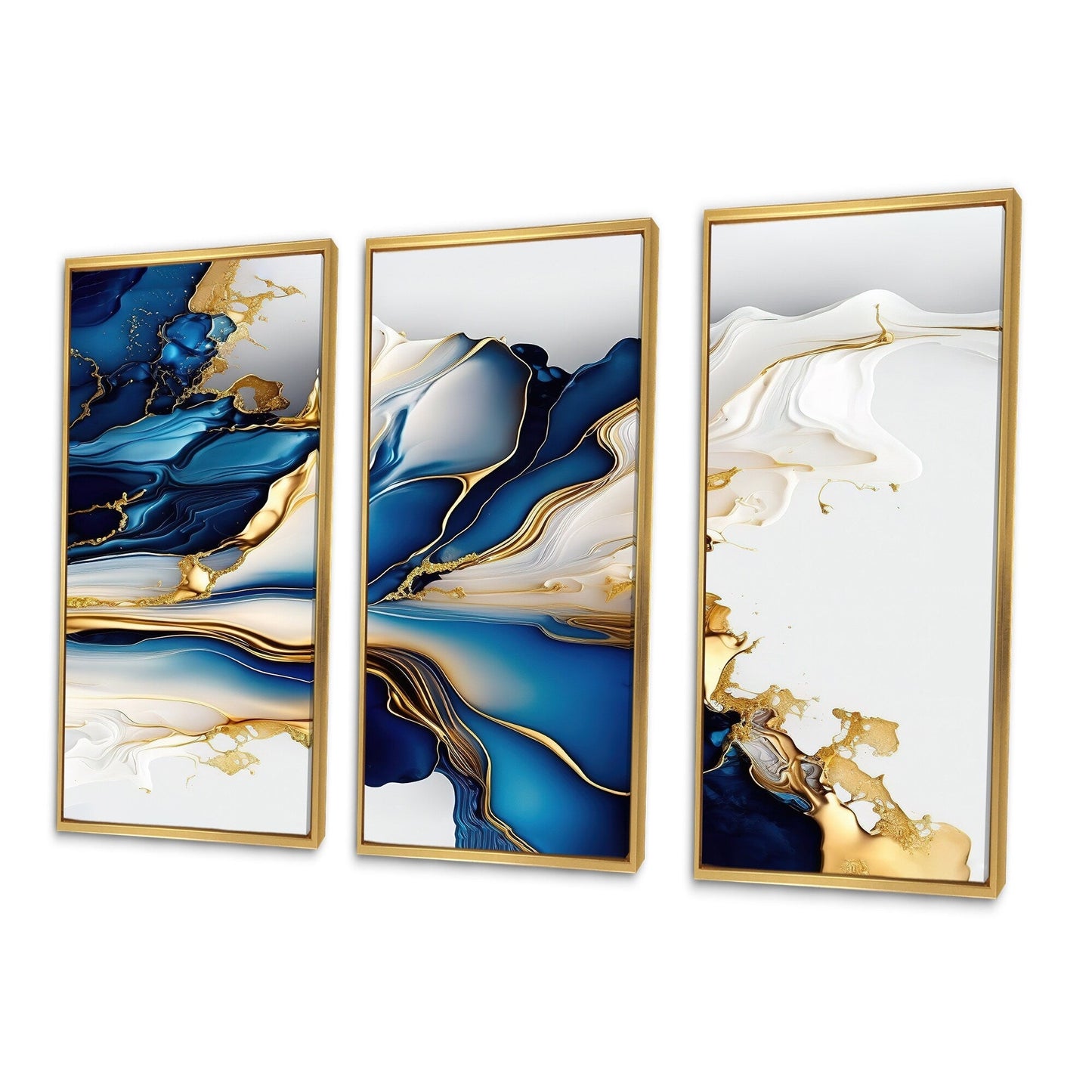 Designart Abstract Geode Gold And Blue Marble Shape III Modern Geometric Framed Canvas Art Print - 3 Pannelli