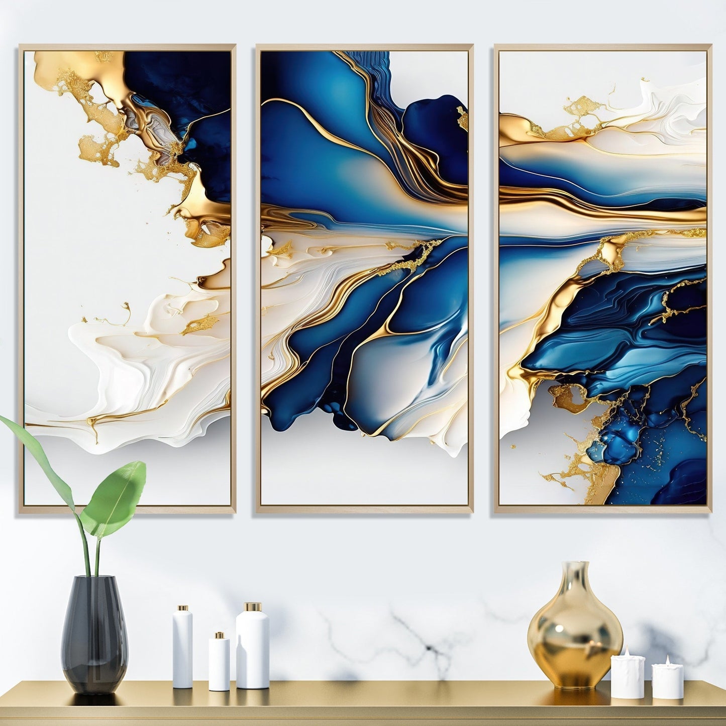 Designart Abstract Geode Gold And Blue Marble Shape III Modern Geometric Framed Canvas Art Print - 3 Pannelli