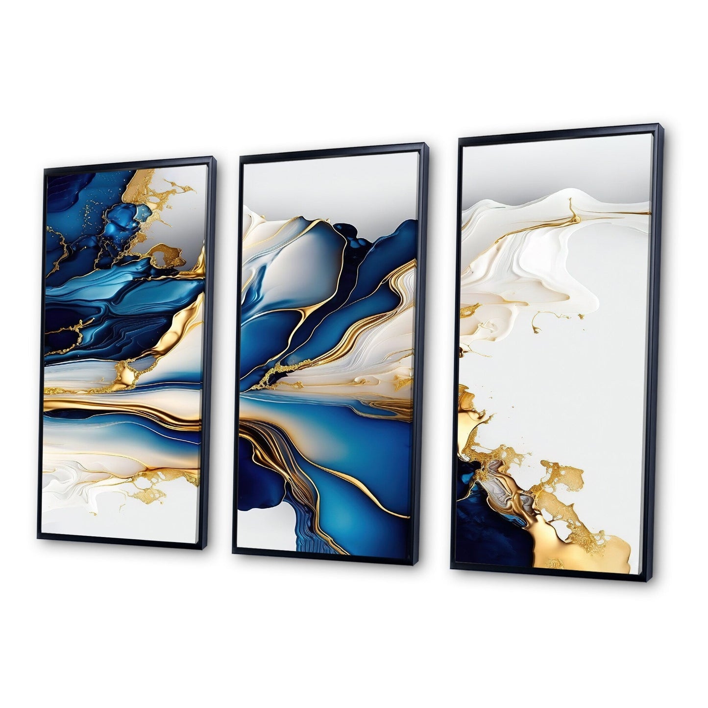 Designart Abstract Geode Gold And Blue Marble Shape III Modern Geometric Framed Canvas Art Print - 3 Pannelli