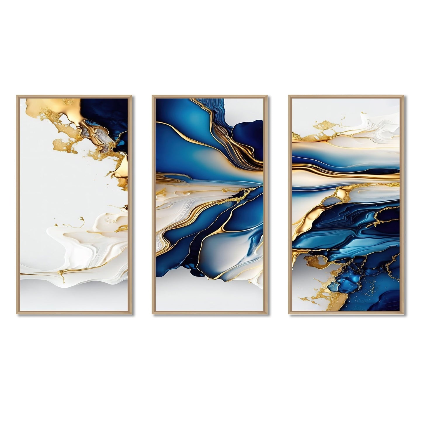 Designart Abstract Geode Gold And Blue Marble Shape III Modern Geometric Framed Canvas Art Print - 3 Pannelli