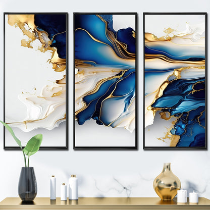 Designart Abstract Geode Gold And Blue Marble Shape III Modern Geometric Framed Canvas Art Print - 3 Pannelli