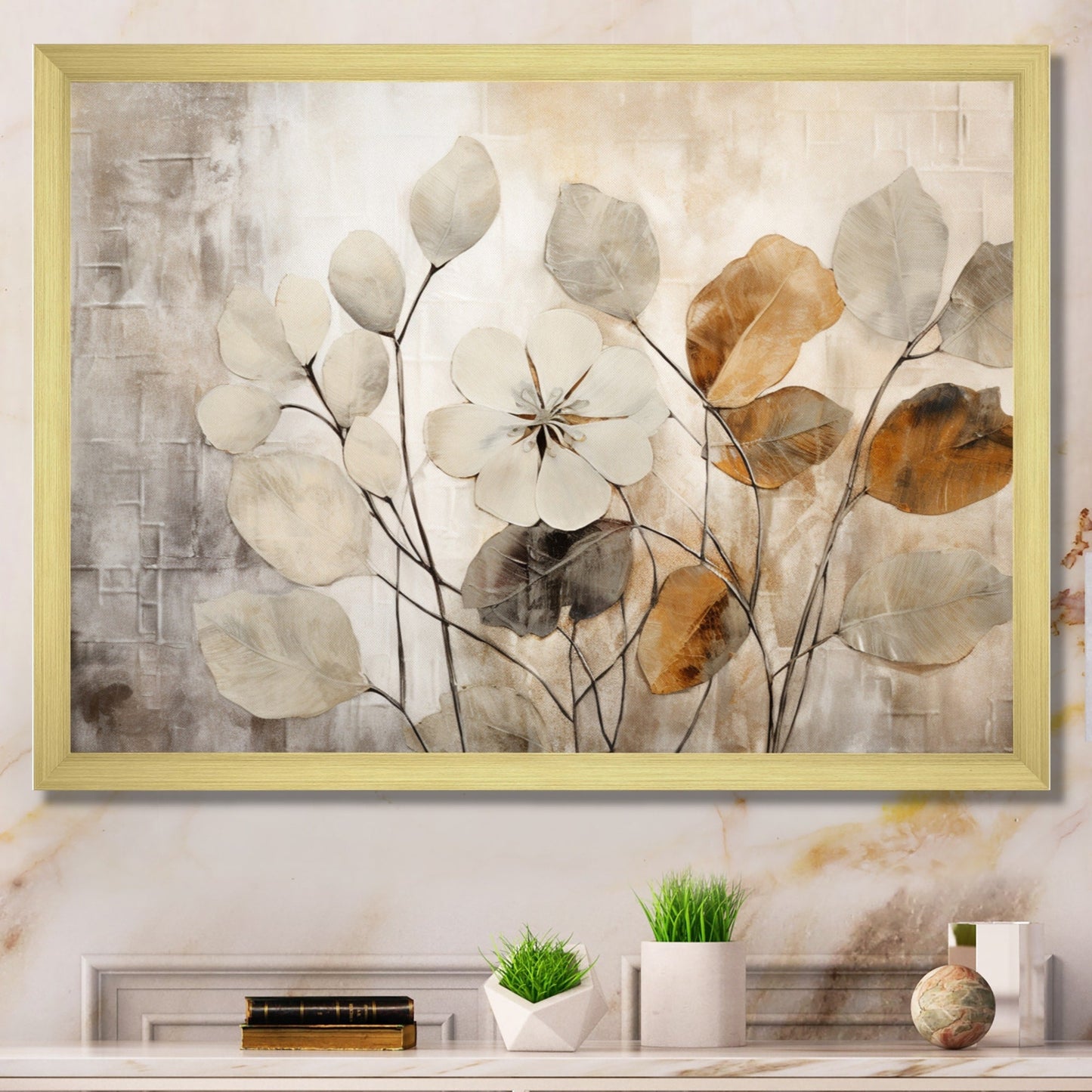 Designart Beige Botanical Impressions III Abstract Botanicals Stampa artistica su tela incorniciata