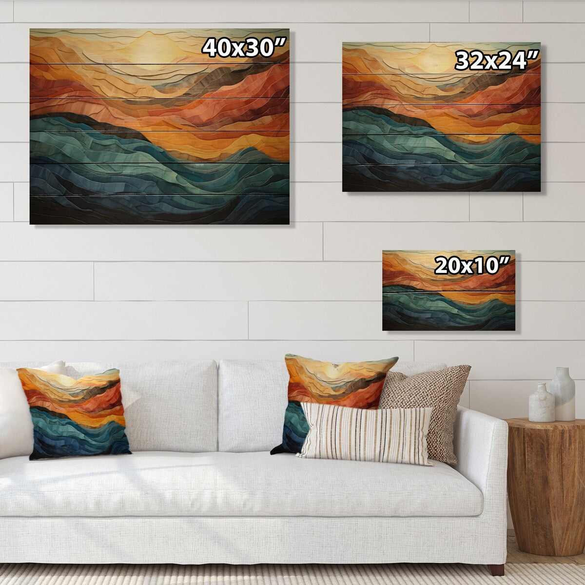 Designart Coral Teal Bold Mountains Landscape Stampa moderna su legno di pino naturale