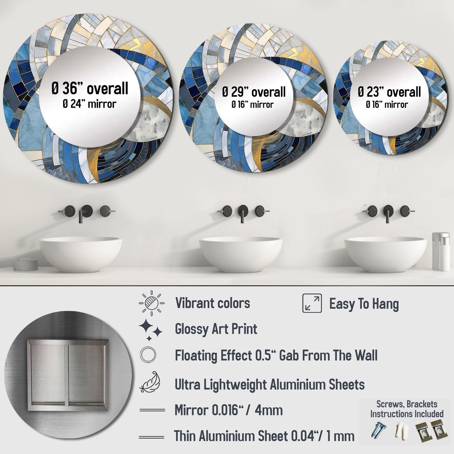 Designart Gold Constructing Blue Realms I Specchio rotondo con forme astratte - Specchio moderno per soggiorno blu