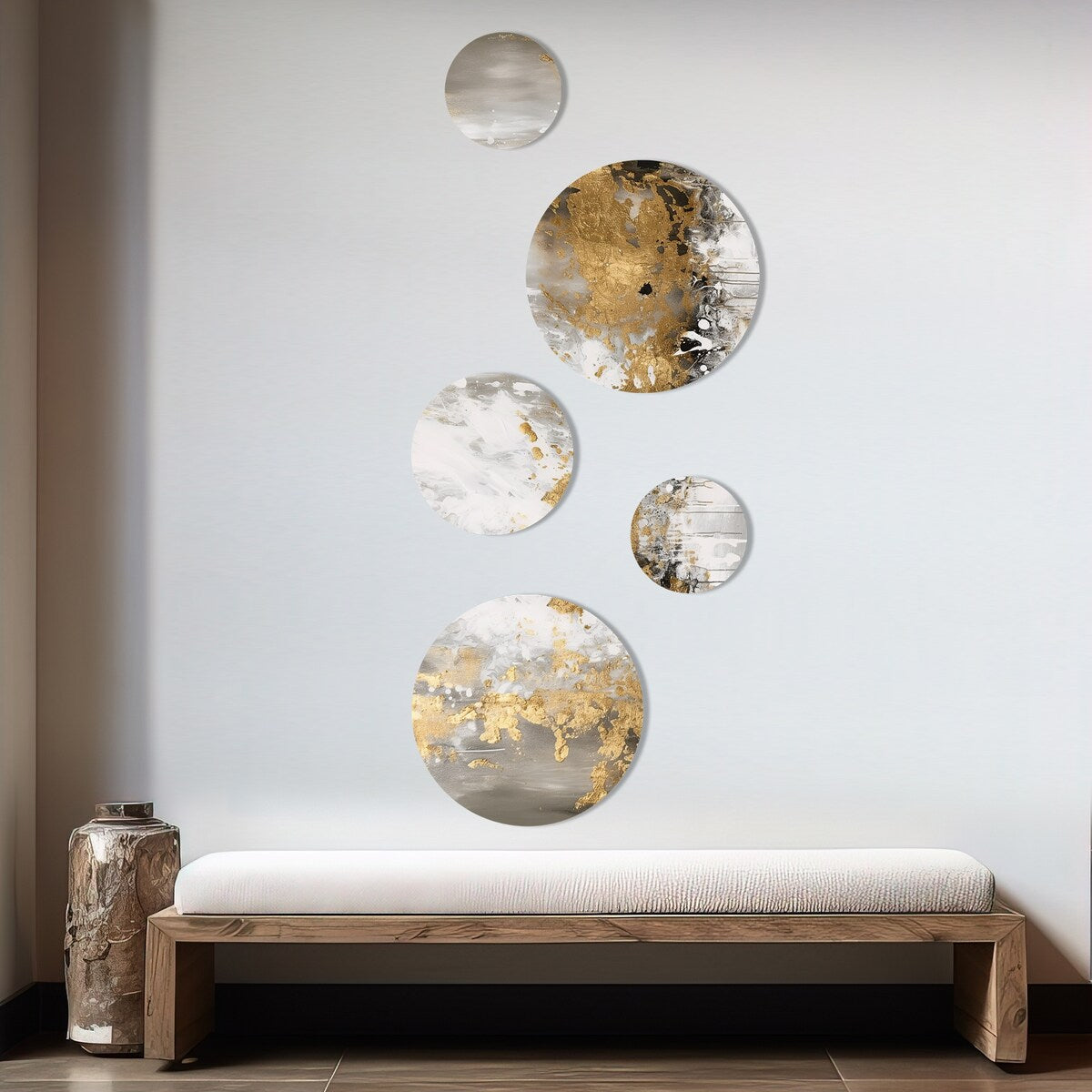 Designart Set di 5 dipinti astratti in metallo, decorazione da parete, oro e bianco