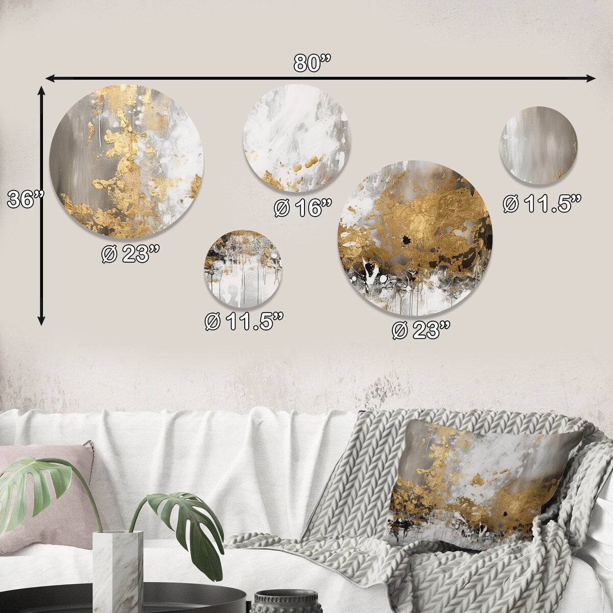 Designart Set di 5 dipinti astratti in metallo, decorazione da parete, oro e bianco