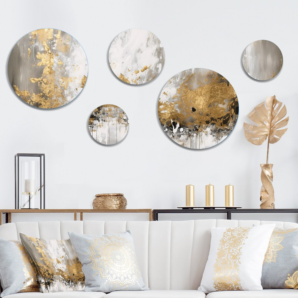 Designart Set di 5 dipinti astratti in metallo, decorazione da parete, oro e bianco