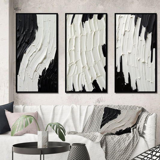 Designart Momentary Spirit Black And White Abstract II Set di 3 quadri astratti con cornice per galleria da parete per l'arredamento della casa