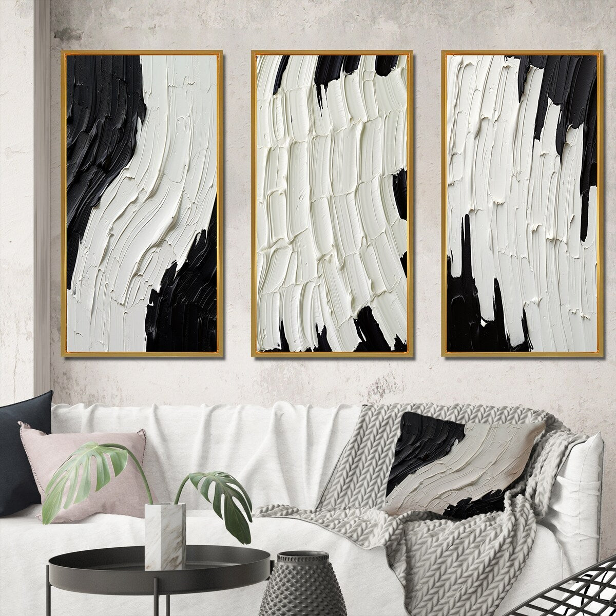 Designart Momentary Spirit Black And White Abstract II Set di 3 quadri astratti con cornice per galleria da parete per l'arredamento della casa