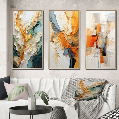 Designart Orange White Line Art Astrazione organica Astratta Set di 3 stampe artistiche da parete con cornice per l'arredamento del soggiorno