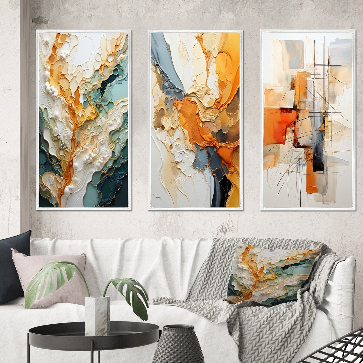 Designart Orange White Line Art Astrazione organica Astratta Set di 3 stampe artistiche da parete con cornice per l'arredamento del soggiorno