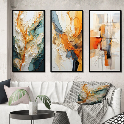 Designart Orange White Line Art Astrazione organica Astratta Set di 3 stampe artistiche da parete con cornice per l'arredamento del soggiorno