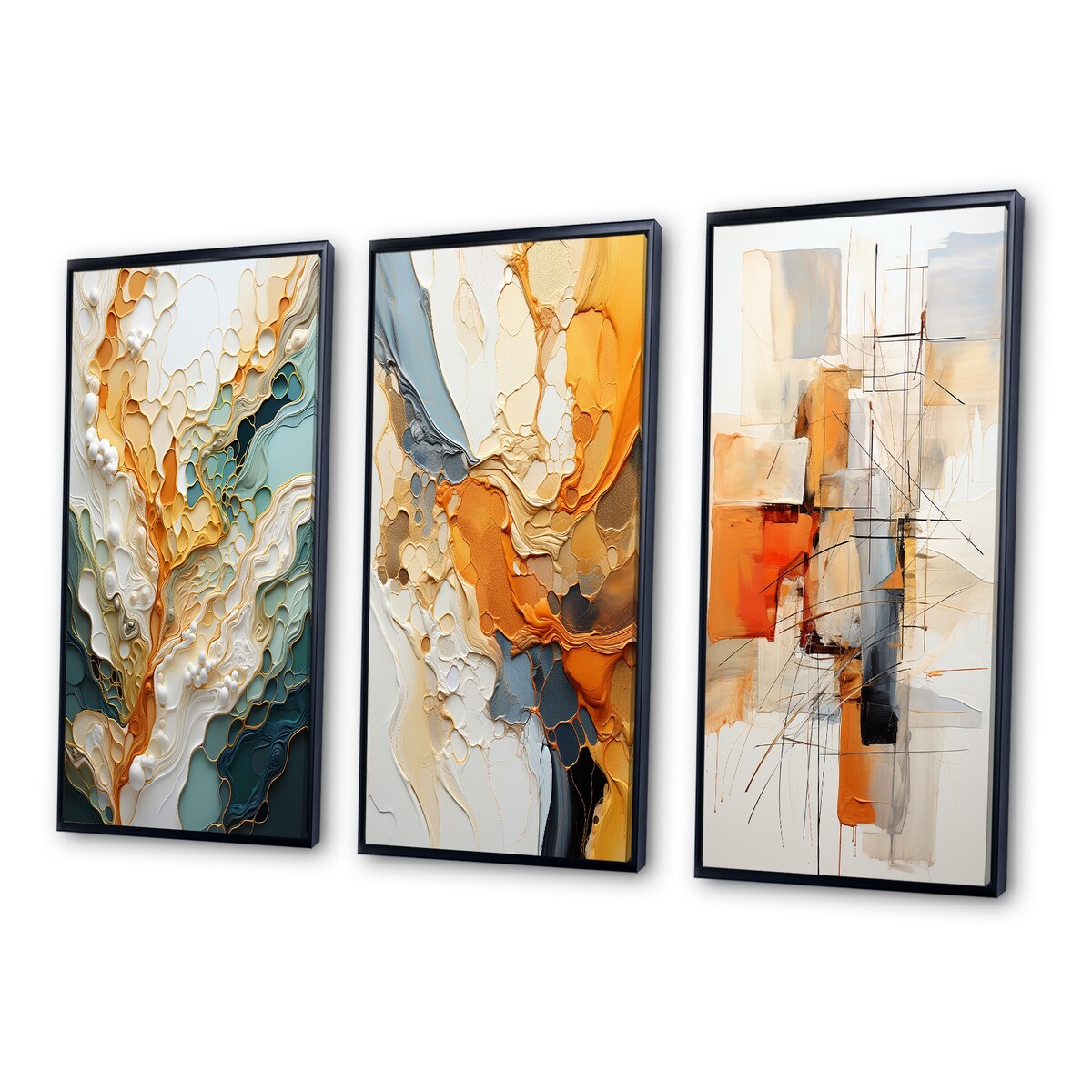 Designart Orange White Line Art Astrazione organica Astratta Set di 3 stampe artistiche da parete con cornice per l'arredamento del soggiorno