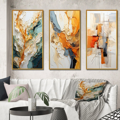 Designart Orange White Line Art Astrazione organica Astratta Set di 3 stampe artistiche da parete con cornice per l'arredamento del soggiorno