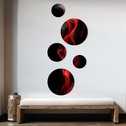 Designart Rosso Nero Contemplativo Astrazione IX Modern Waves Metallo Rotondo Arte da Parete Set di 5
