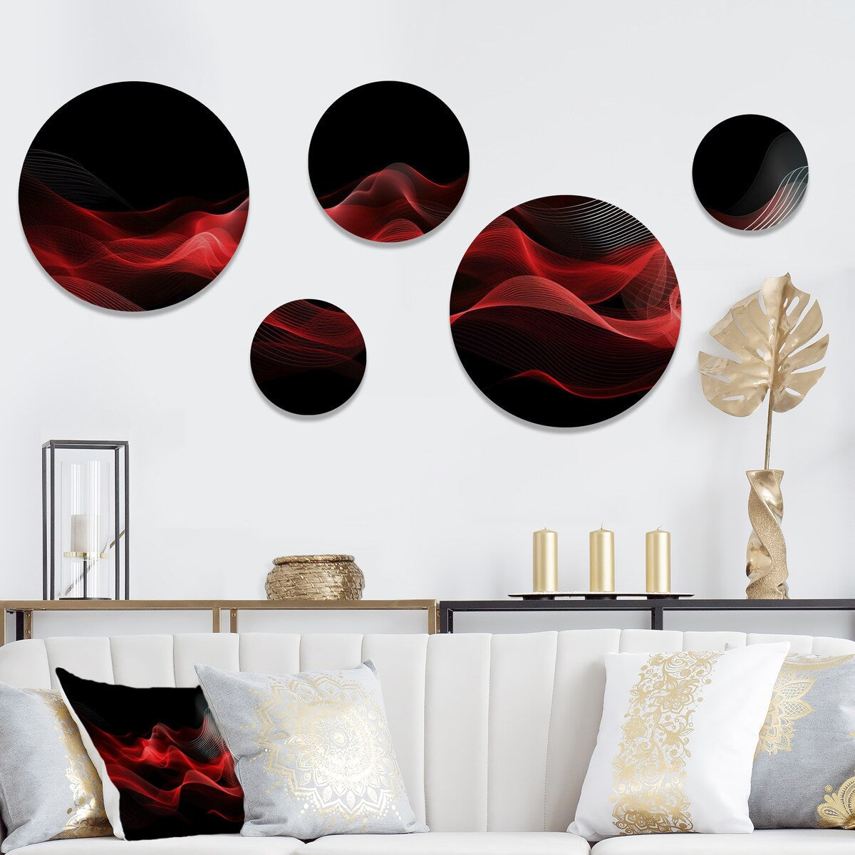 Designart Rosso Nero Contemplativo Astrazione IX Modern Waves Metallo Rotondo Arte da Parete Set di 5