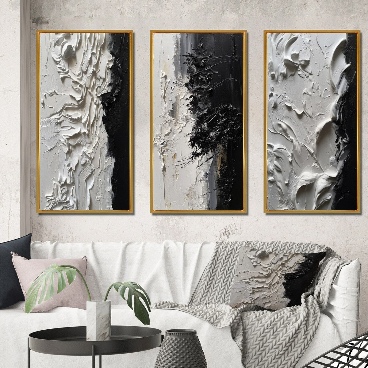 Designart Bianco e Nero Tranquillità Unleashed III Set di 3 quadri con cornice in marmo astratto per l'arredamento dell'ufficio