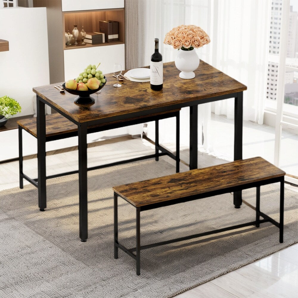 Set tavolo da pranzo, set tavolo da bar in legno, tavolo da cucina con 2 panche - 3 pezzi