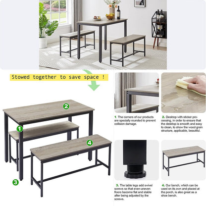 Set tavolo da pranzo, set tavolo da bar in legno, tavolo da cucina con 2 panche - 3 pezzi