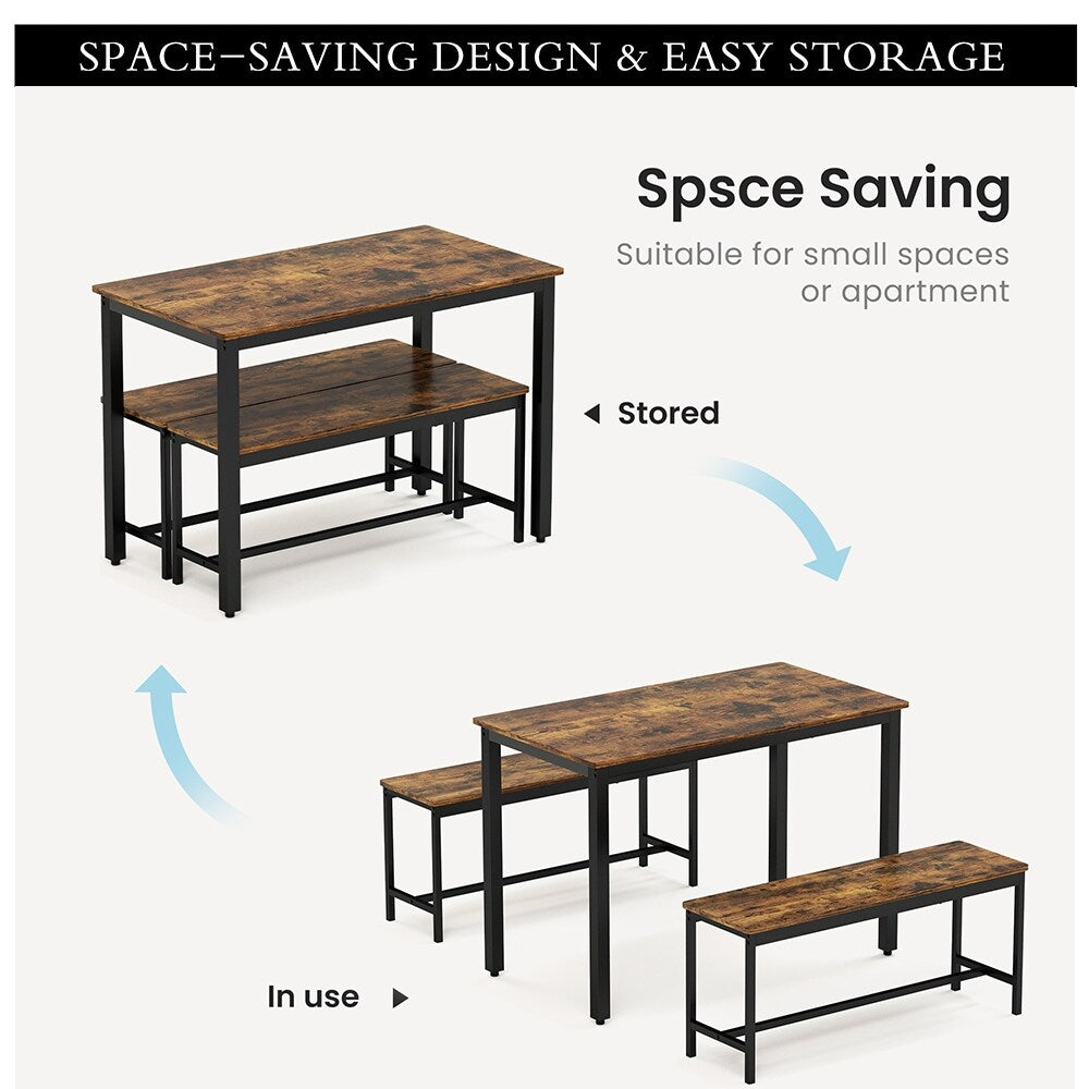 Set tavolo da pranzo, set tavolo da bar in legno, tavolo da cucina con 2 panche - 3 pezzi