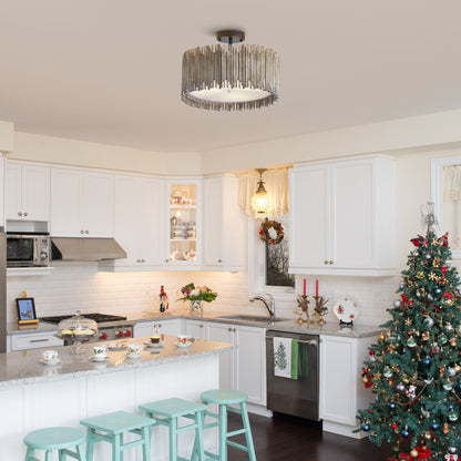 Lampada da soffitto semi-incassata a 3 luci in legno bianco anticato