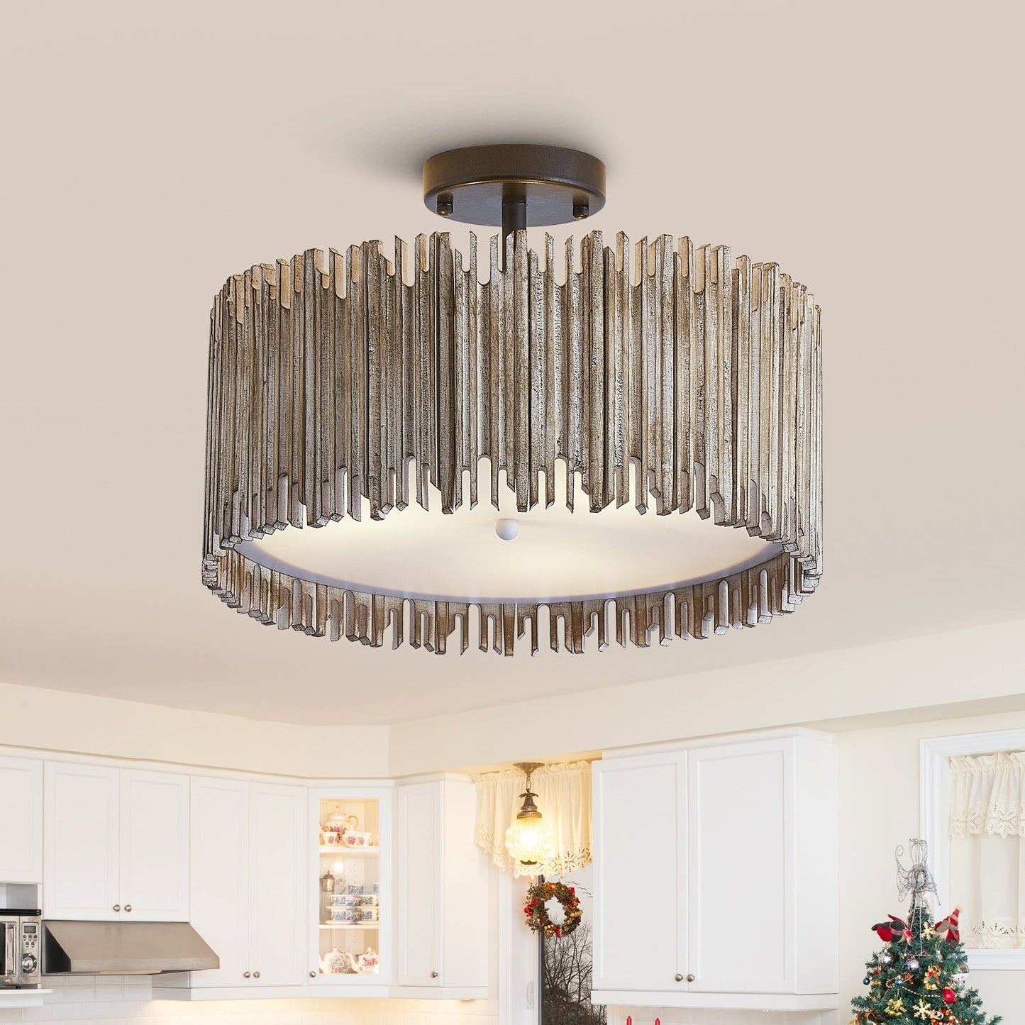 Lampada da soffitto semi-incassata a 3 luci in legno bianco anticato