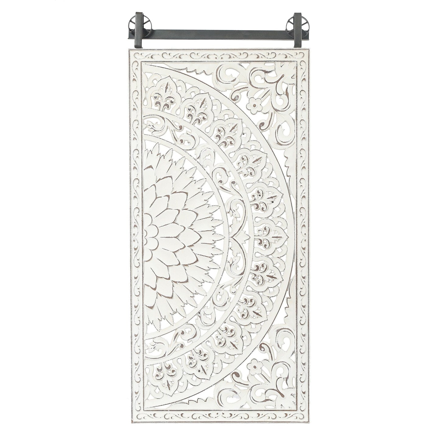 Decorazione murale in legno bianco avorio anticato con fiori e dettagli neri (set da 2)