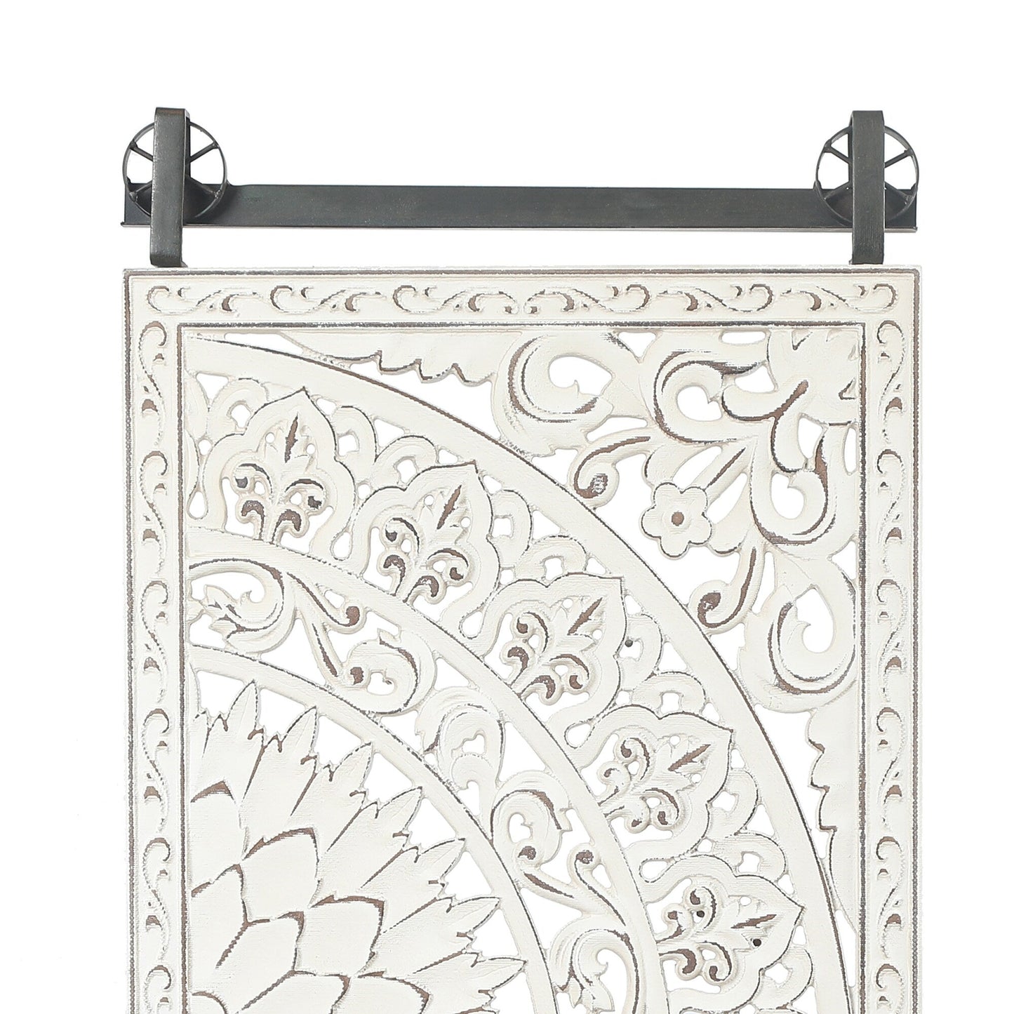 Decorazione murale in legno bianco avorio anticato con fiori e dettagli neri (set da 2)