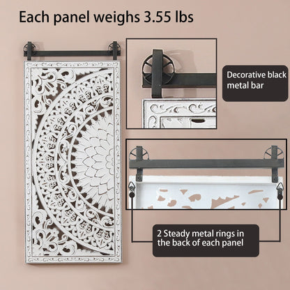 Decorazione murale in legno bianco avorio anticato con fiori e dettagli neri (set da 2)