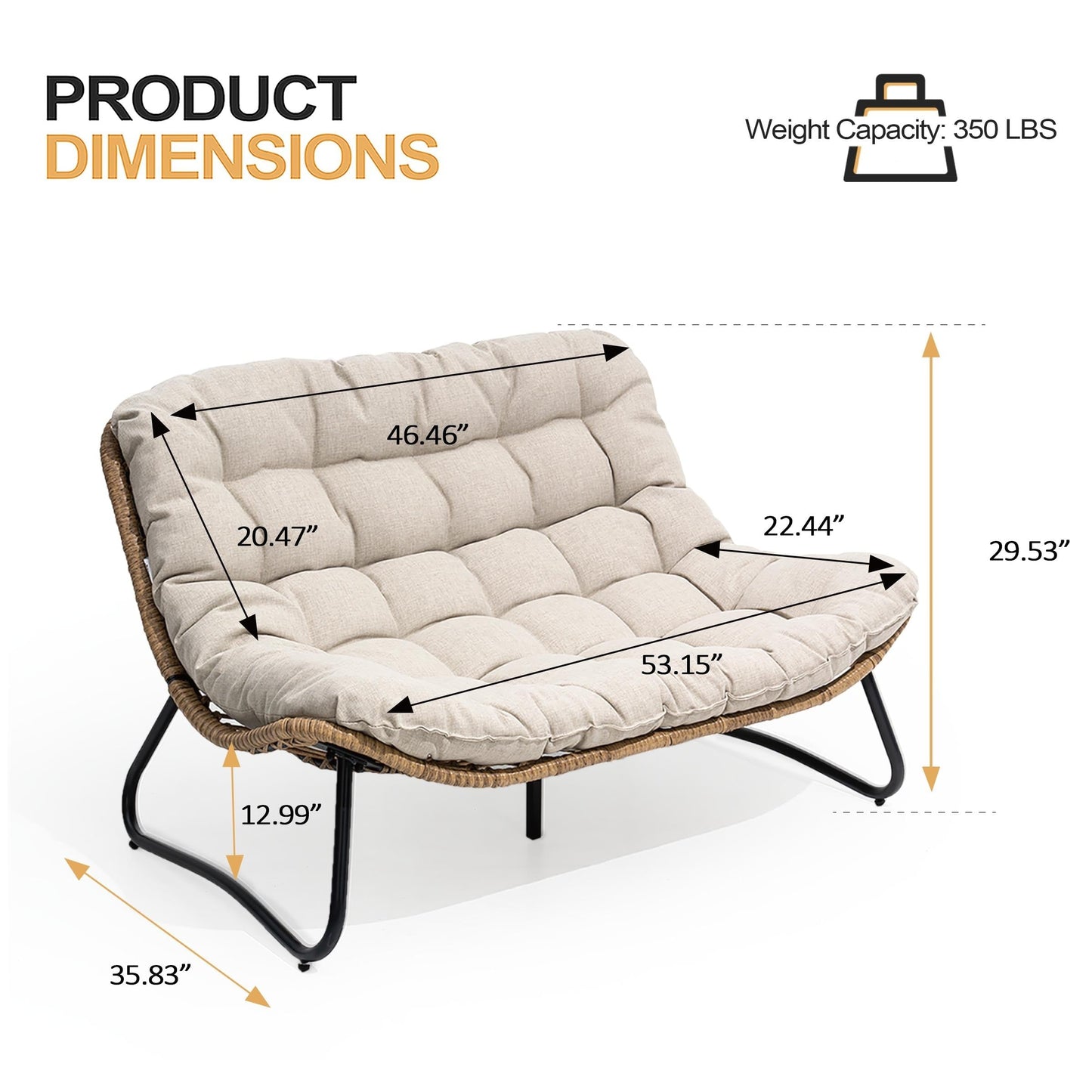 Divano a due posti Papasan con cuscino, in rattan PE resistente alle intemperie e struttura in metallo per interni ed esterni
