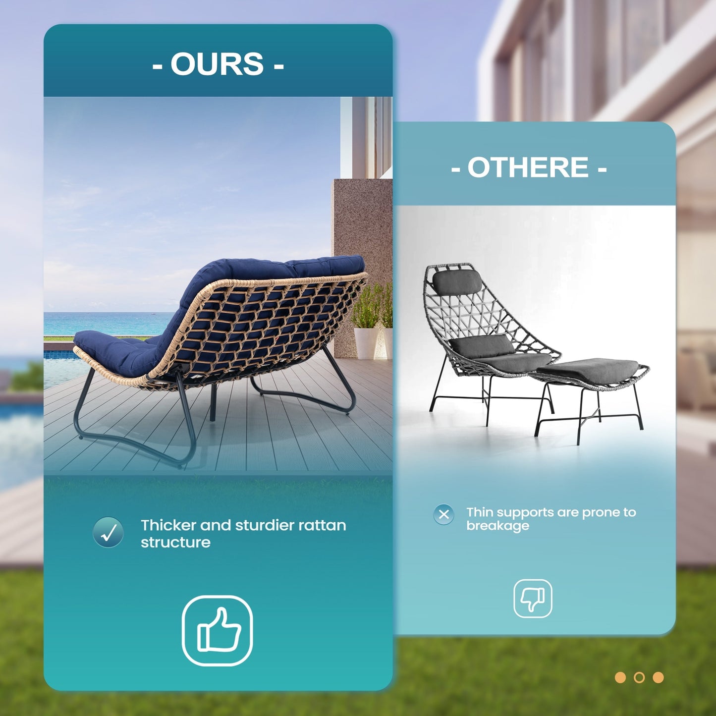 Divano a due posti Papasan con cuscino, in rattan PE resistente alle intemperie e struttura in metallo per interni ed esterni